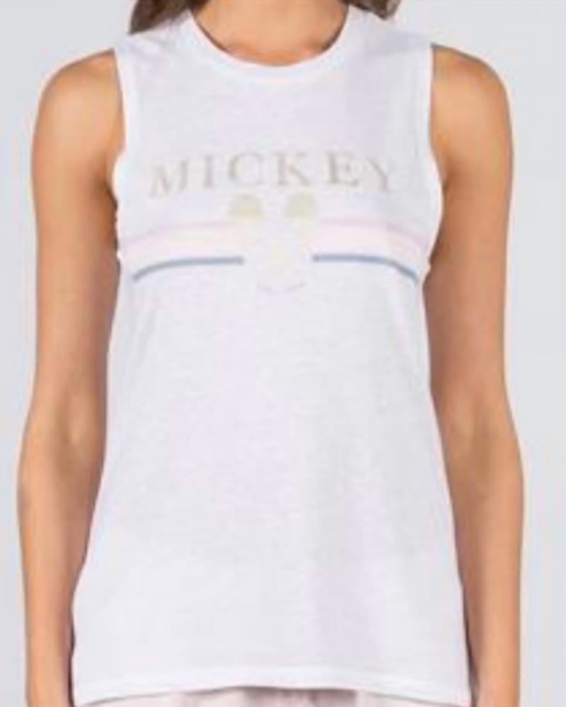 Front of a model wearing a size Large Women'S Gold Mickey Muscle Tank in Pink in Pink by DAVID LERNER. | dia_product_style_image_id:341462